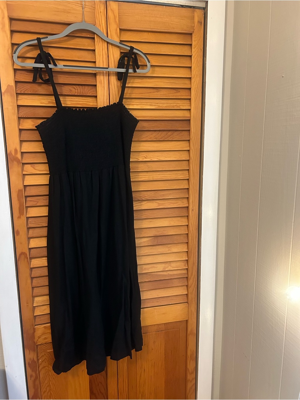 GAP Black Smocked Linen-Blend Midi Sundress with Tie Straps